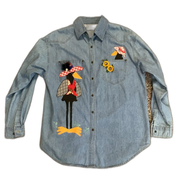Vintage 90s Justin Allen Blue Crow Sunflower Appliqué Novelty Denim Shirt Size M - Picture 2 of 12